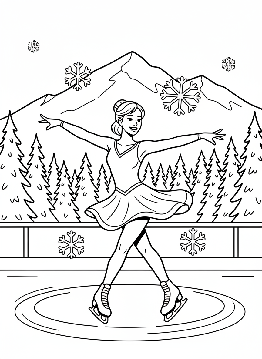 A smiling figure skater performing a graceful spin on ice, wearing a flowing costume with arms extended, surrounded by simple snowflake decorations.