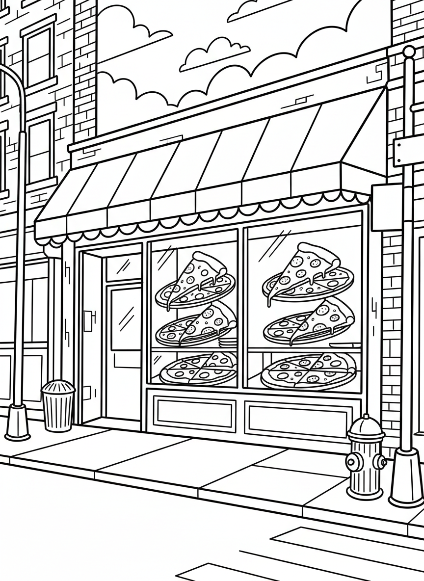 A pizza slice shop storefront with large windows showing pizza slices, awning overhead, classic New York pizzeria scene.