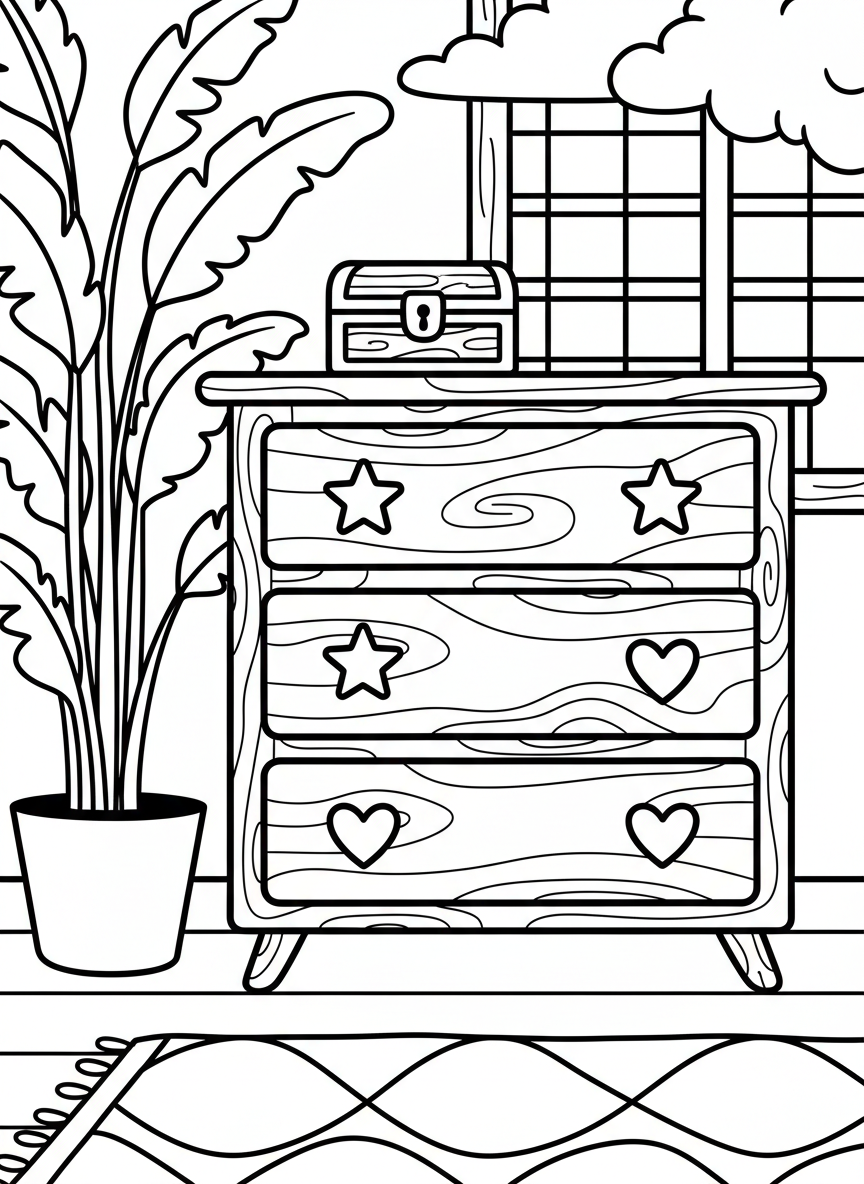 A charming dresser with multiple drawers, each drawer having different decorative knobs shaped like stars and hearts