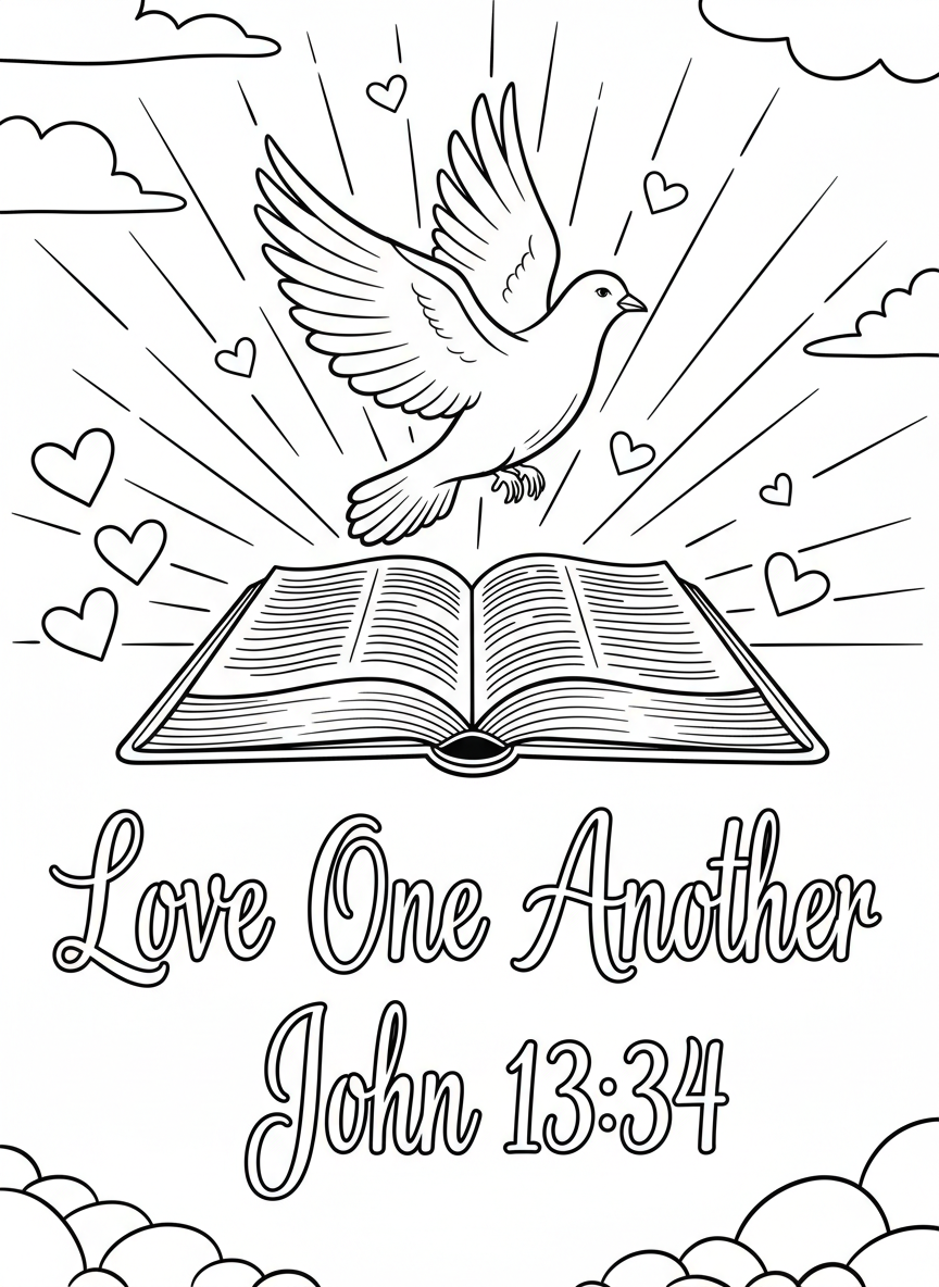 A dove flying over an open Bible with rays of light, decorated with small hearts and the verse 'Love One Another John 13:34' in decorative lettering