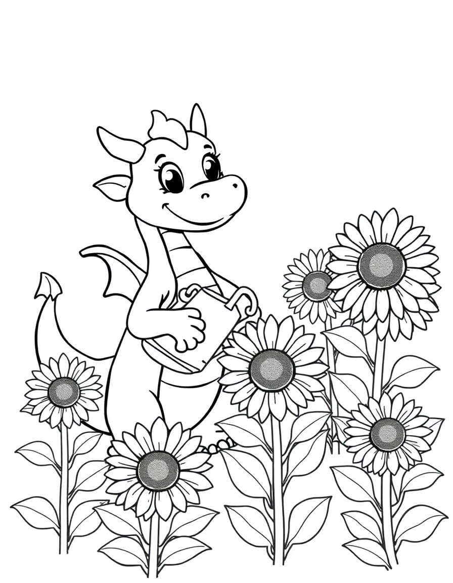 Garden Helper: A cheerful dragon using its tail to hold a watering can, watering a patch of giant, smiling sunflowers in a magical garden.