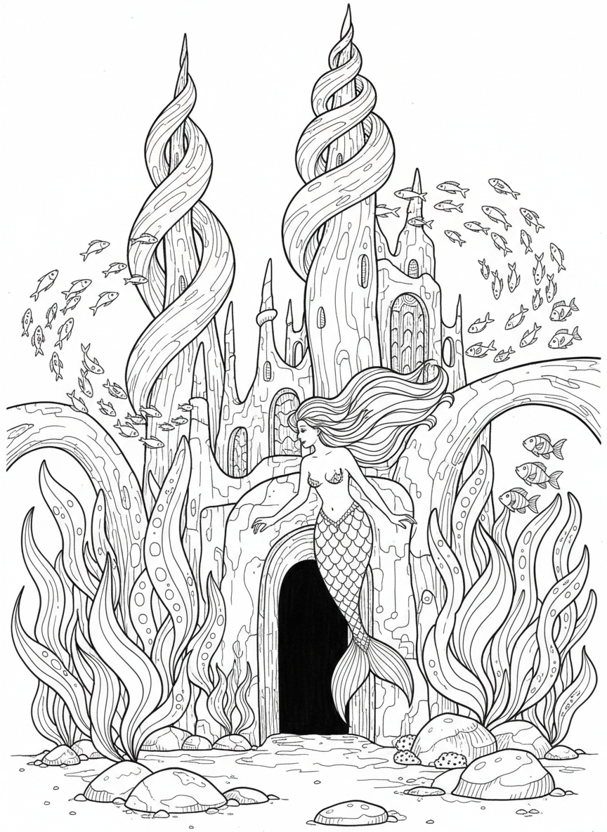 A mermaid exploring an underwater palace surrounded by coral towers, schools of fish, and shimmering sea plants.