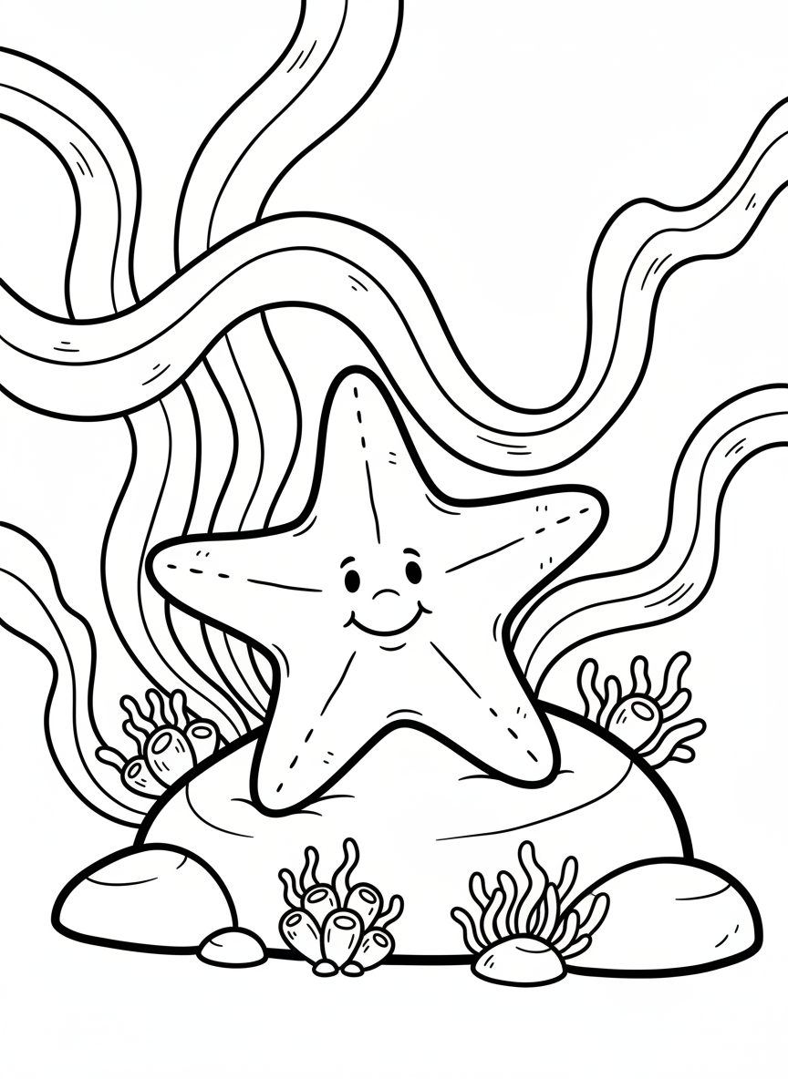 A smiling starfish resting on a rock surrounded by flowing ribbon kelp and small anemones, easy shapes for beginners