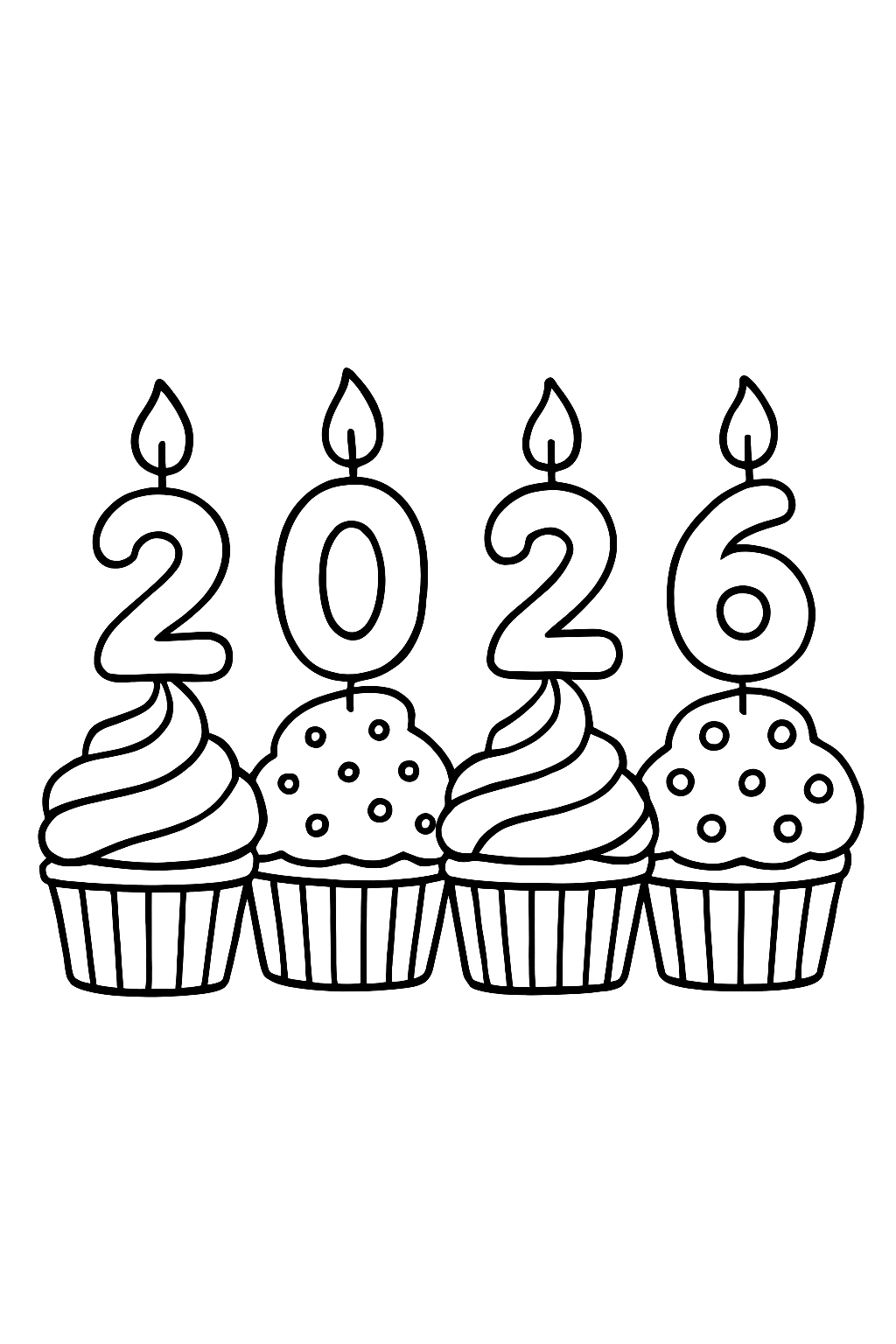 Celebration Cupcakes: Four cupcakes in a row, each with a candle shaped like one of the numbers: 2, 0, 2, and 6.