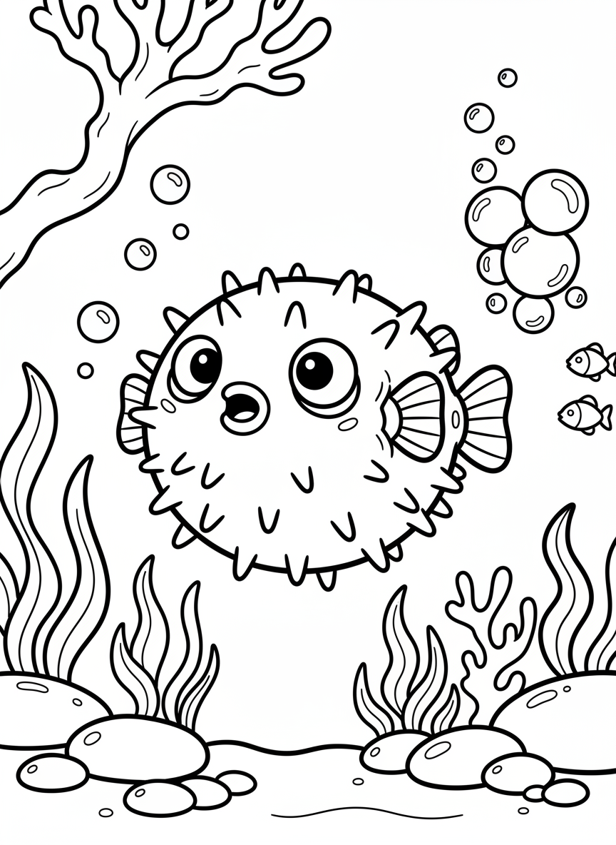 A round pebble painted as a cute pufferfish with spikes all around and a surprised expression, simple and fun