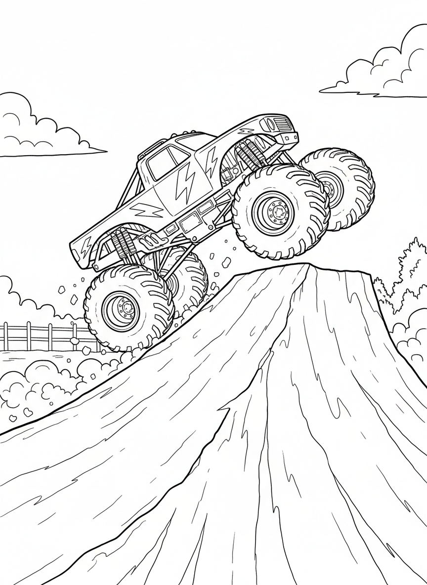 A monster truck decorated with lightning bolt patterns climbing over a giant dirt ramp