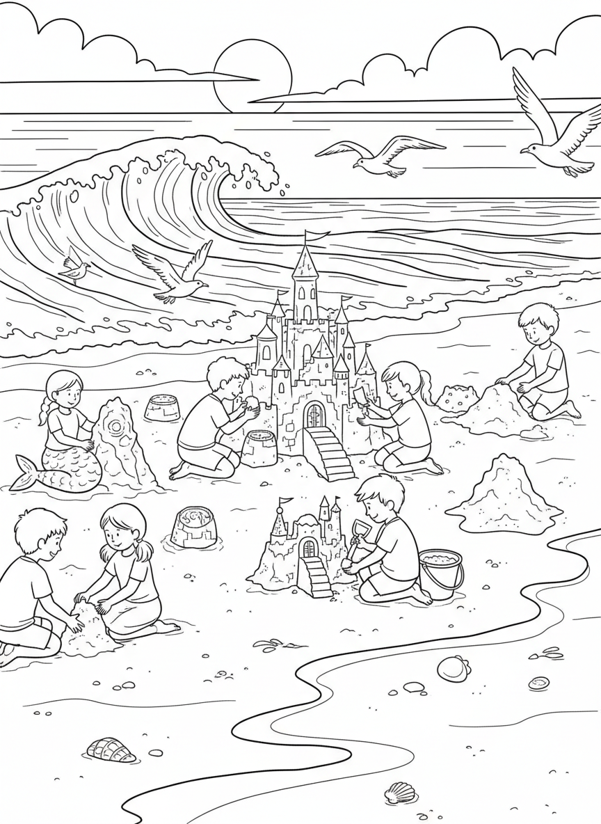 A wide beach scene showing multiple children building different sandcastles and sculptures, with waves and seagulls in the background.