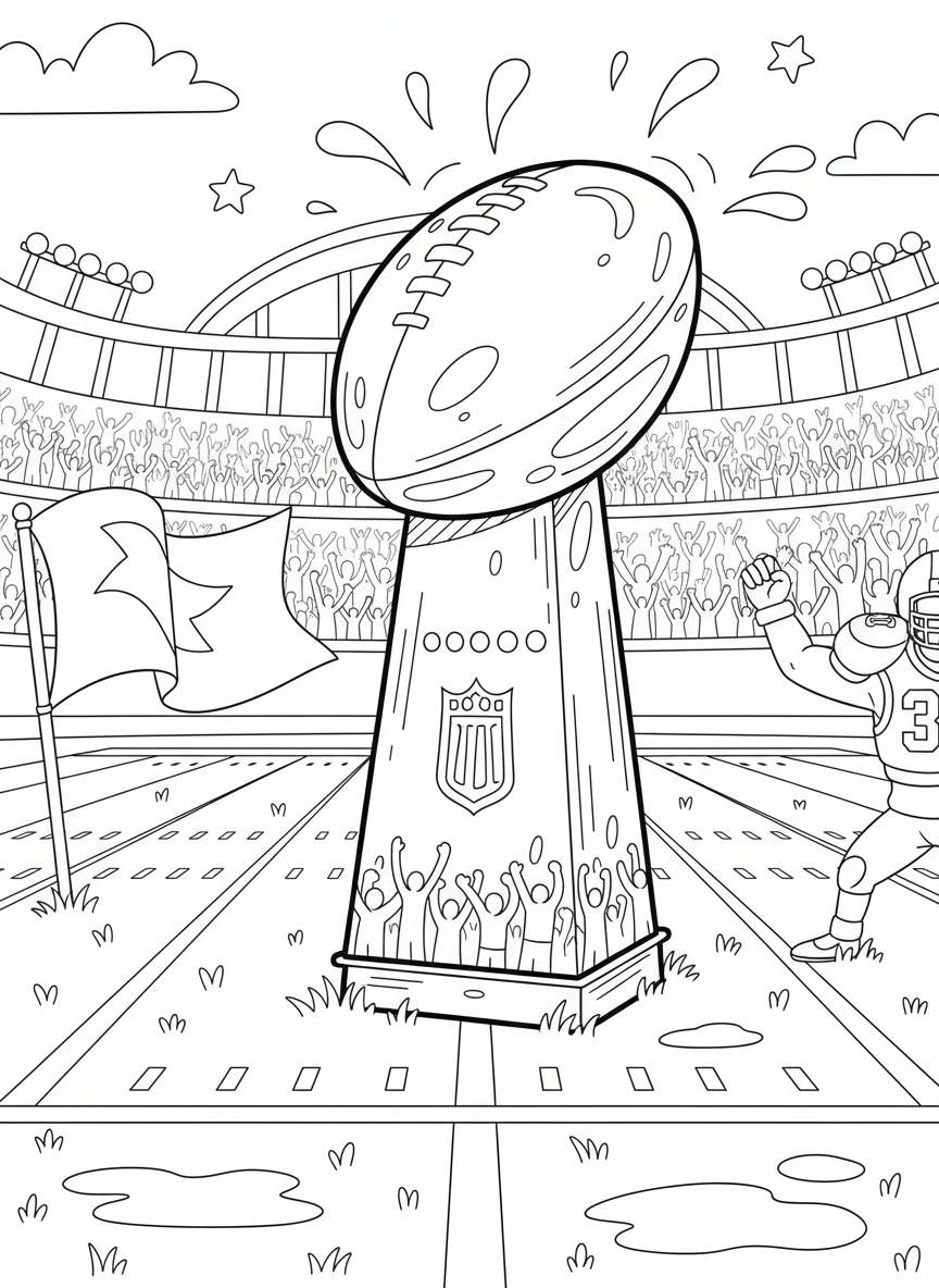 The championship trophy resting near midfield after the game, polished metal reflecting stadium lights, cheering fans, and the emotional weight of a long season finally complete.