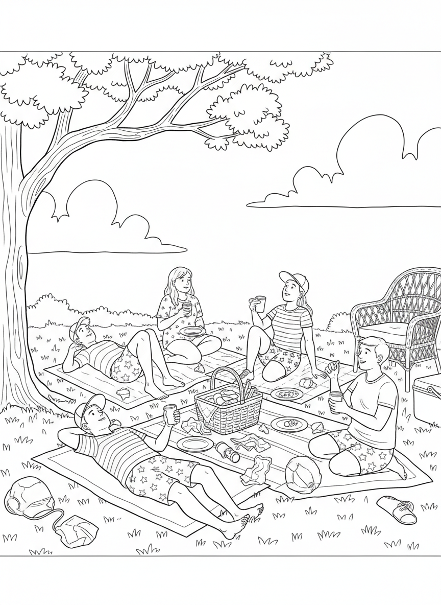 Fourth of July Picnic coloring page prompts capturing summer gatherings, patriotic colors, and relaxed outdoor celebrations.	People relaxing on blankets after eating, watching clouds drift lazily overhead.