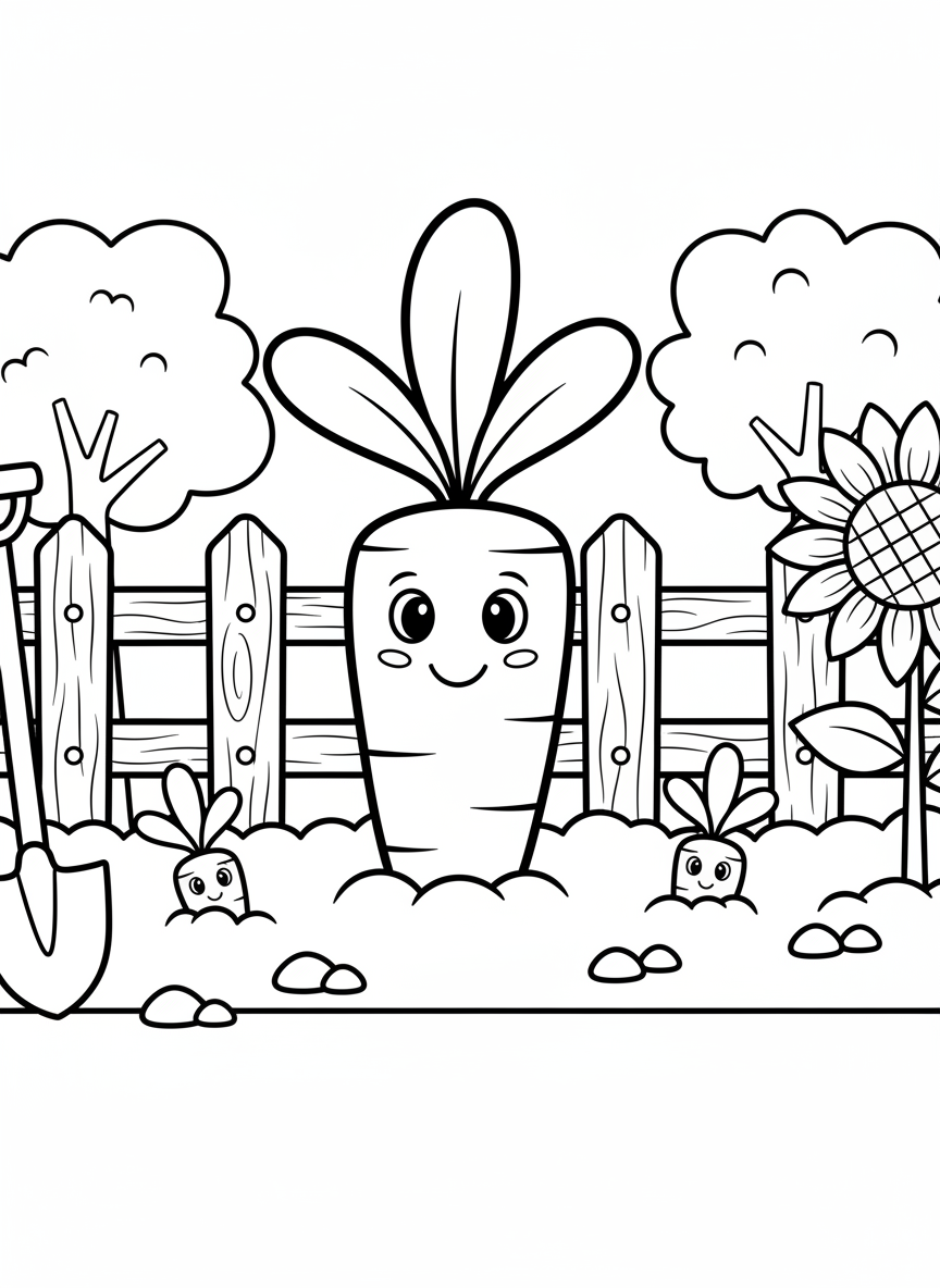 A smiling carrot with leafy green top standing upright in a garden patch, simple line art with bold outlines perfect for young children
