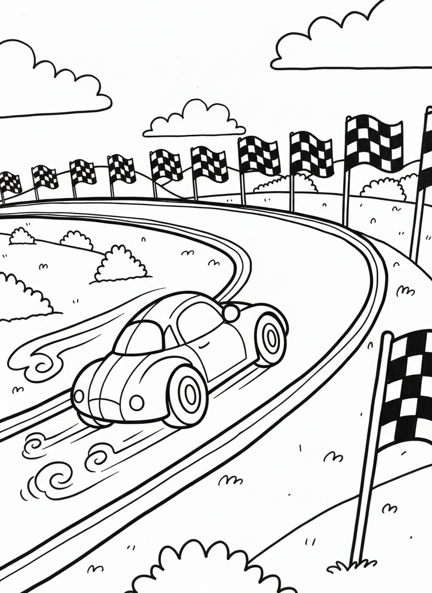 A simple race car speeding around a curved track with checkered flags waving in the background, perfect for young children to color.