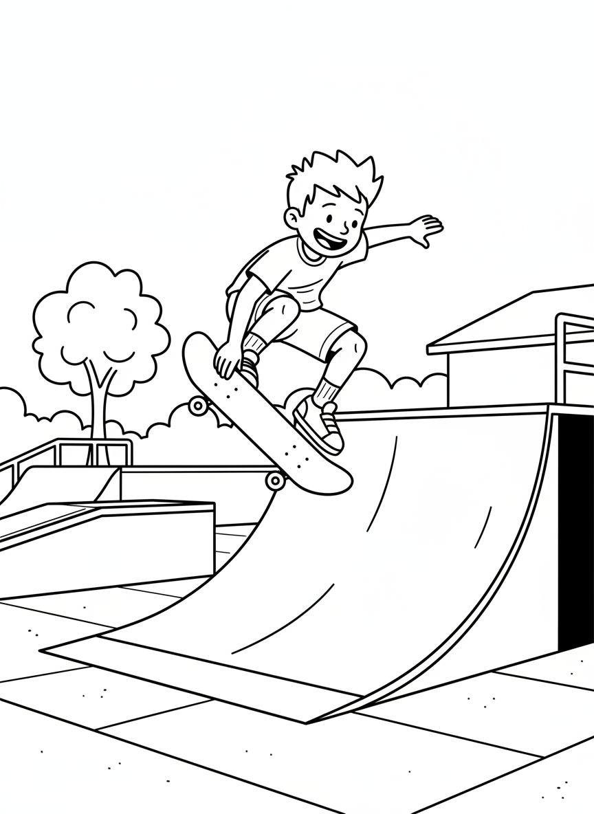 A smiling child doing a skateboard trick at a skate park, with ramps visible in the background, cool athletic pose.