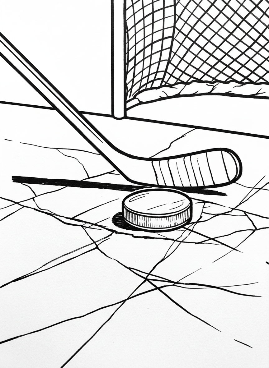 A hockey puck on ice with stick blade about to make contact, shown in close-up detail with ice texture.