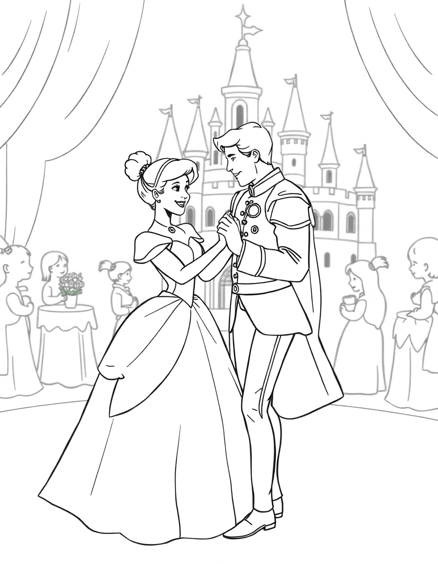 A joyful Cinderella dancing with a kind prince at a grand ball, with a simple castle in the background.