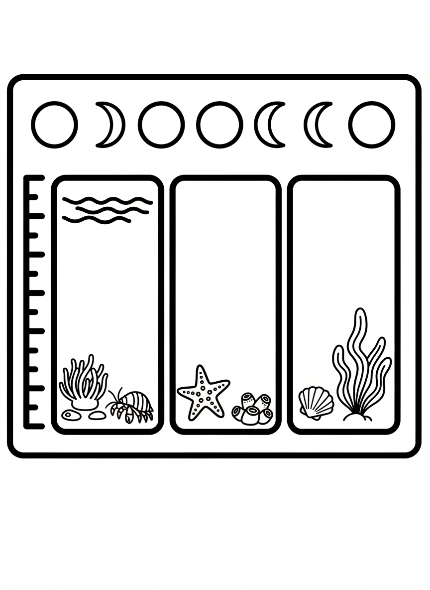 An observation log featuring different moon phases at the top, tide level markers, and space to draw three tide pool finds