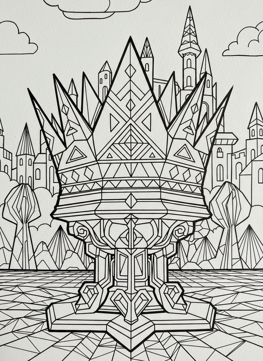 An elaborate origami crown with pointed peaks and decorative geometric patterns, displayed on a stand, ready for royal coloring fun.