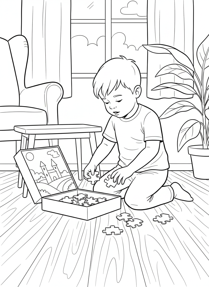 A young helper collecting scattered puzzle pieces from the floor, puzzle box open nearby, focused concentration