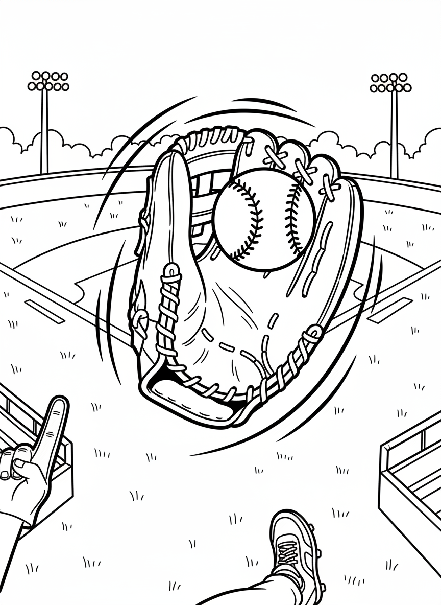 A baseball glove catching a ball in mid-air with motion lines, detailed stitching on both the glove and baseball visible for coloring.
