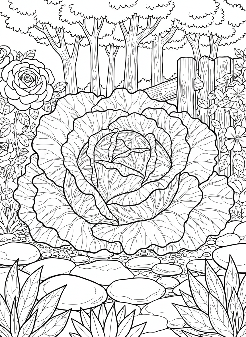 Single large cabbage head showing layered leaves in a spiral pattern, botanical illustration style
