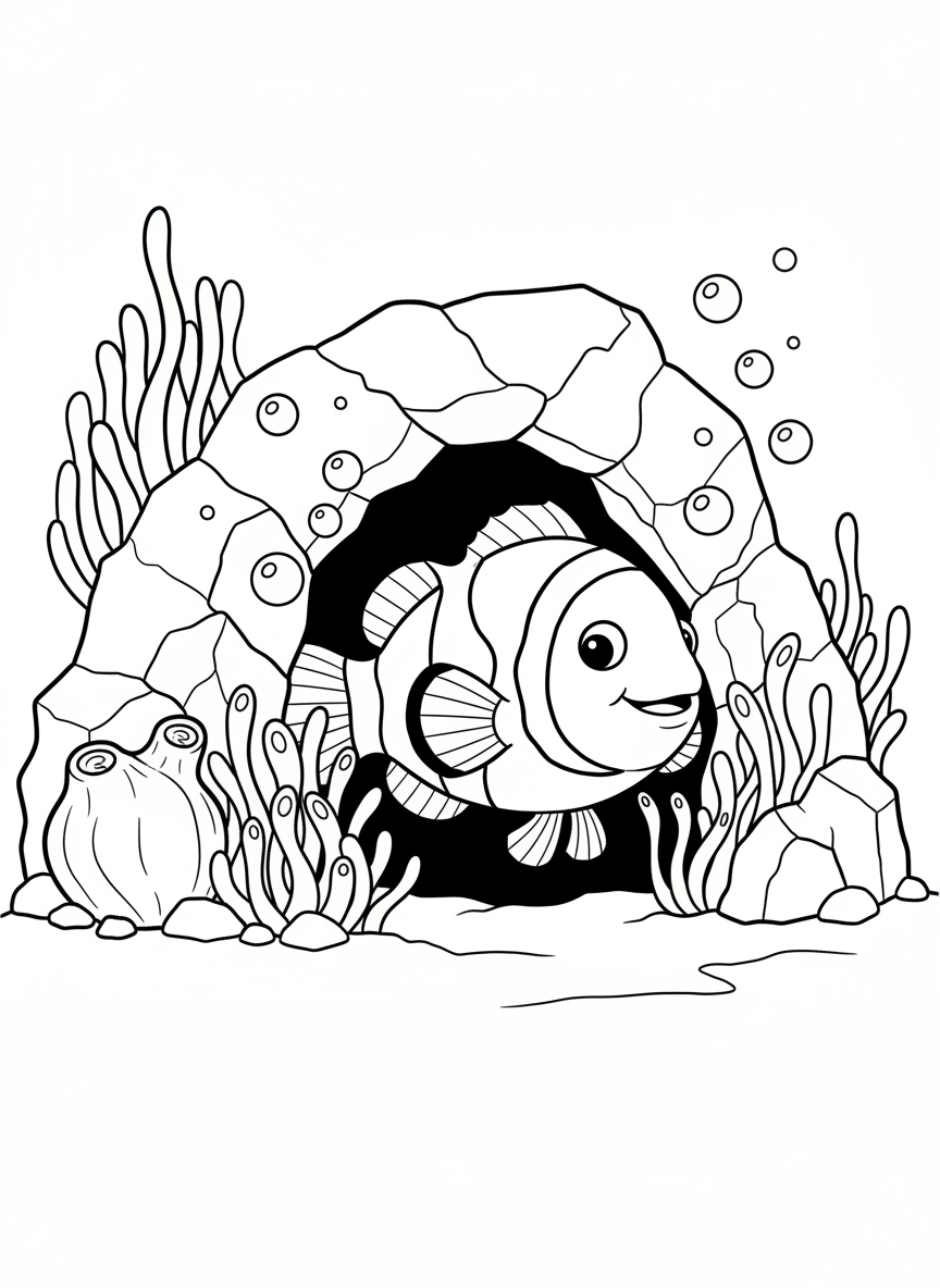 A colorful clownfish peeking out from behind a rock formation inside a small cave decorated with anemones and bubbles
