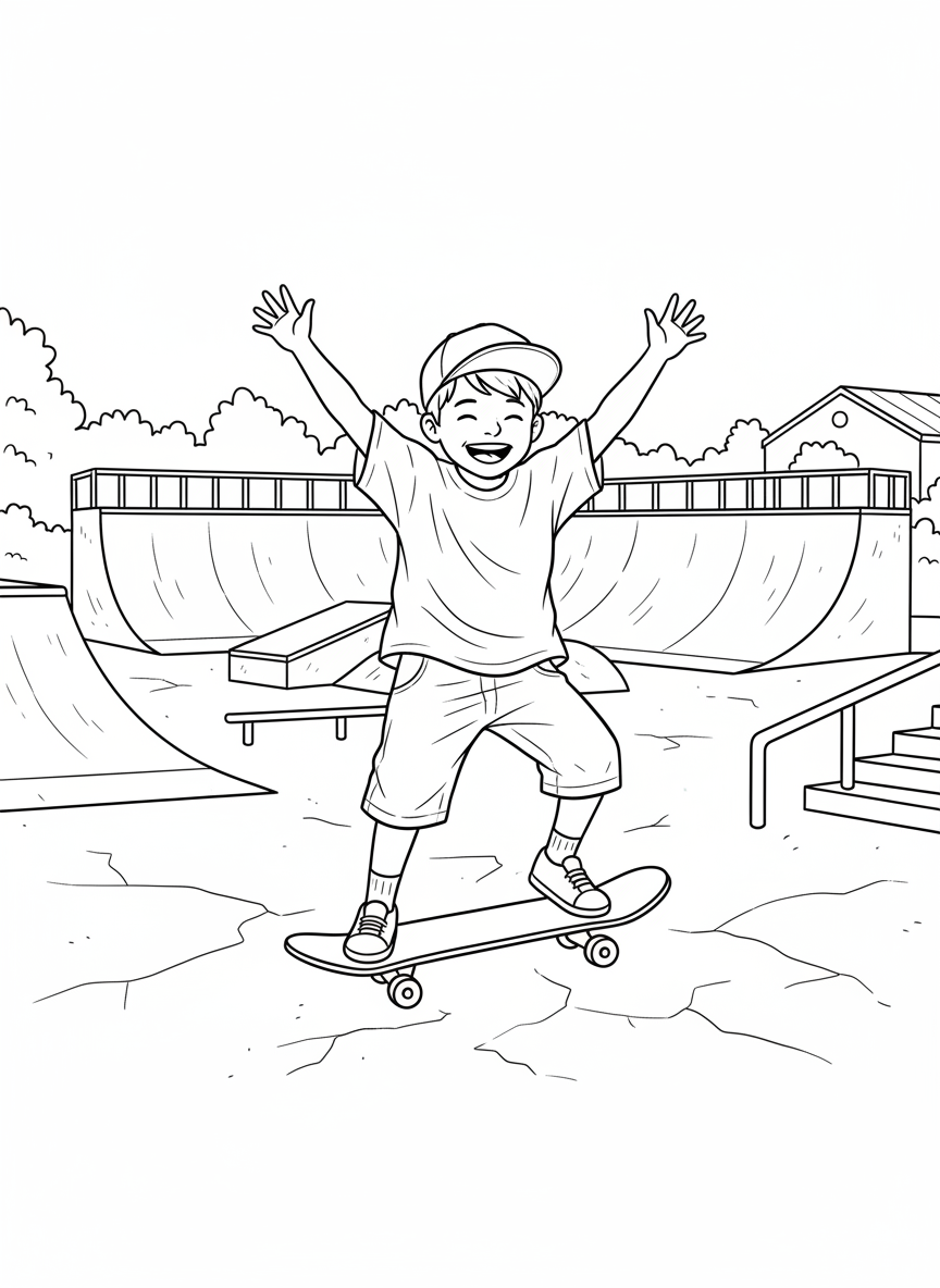 A child celebrating after landing a trick successfully, arms raised in victory, skateboard on ground, happy moment captured.