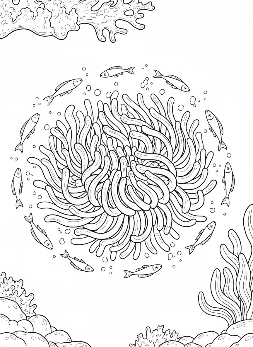 A sea anemone with flowing tentacles in the center, surrounded by small fish and floating plankton, circular composition