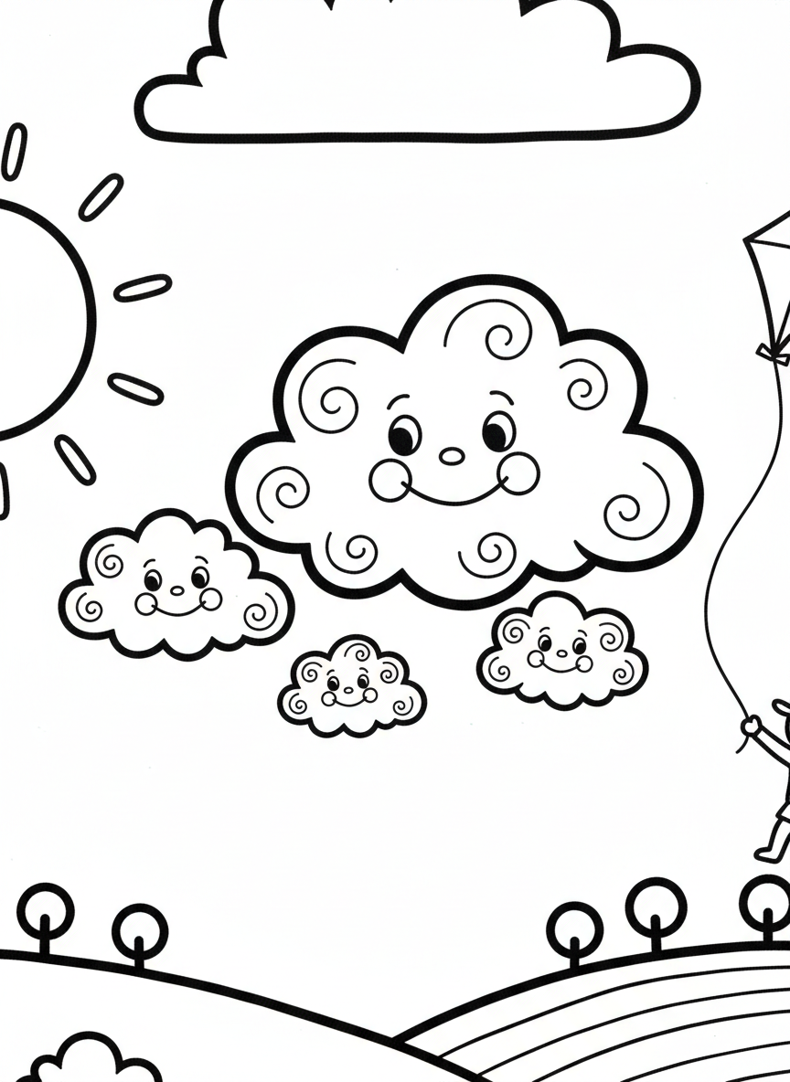 A fluffy cloud family with happy faces floating together in the sky, easy outlines perfect for toddlers