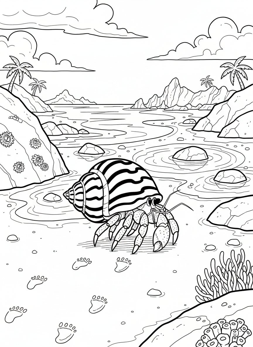 A hermit crab leaving footprints in the wet sand near tide pools, carrying a beautifully striped shell on its back.