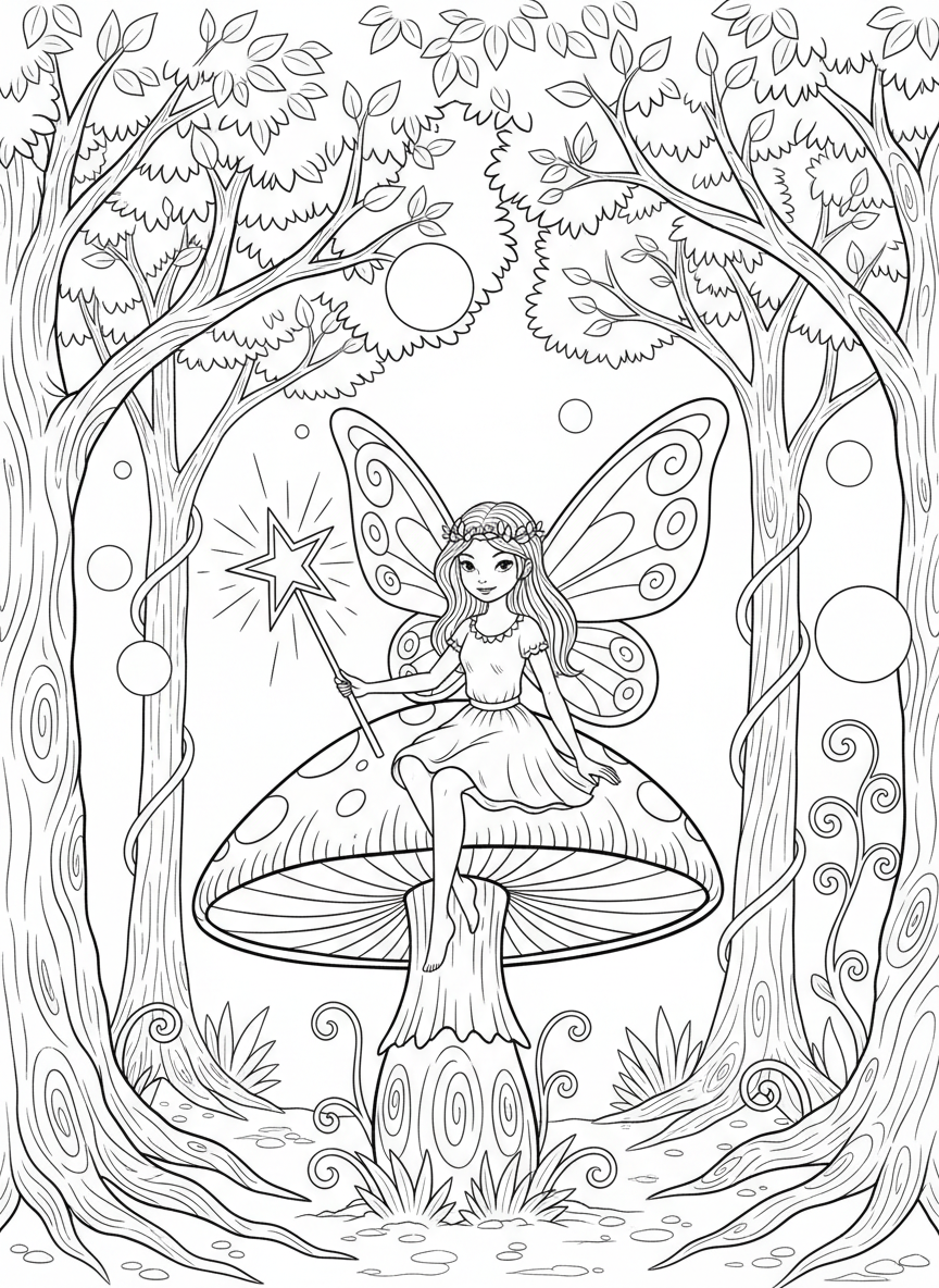 A cute fairy with delicate wings sitting on a mushroom in an enchanted forest, holding a magic wand with a star on top.