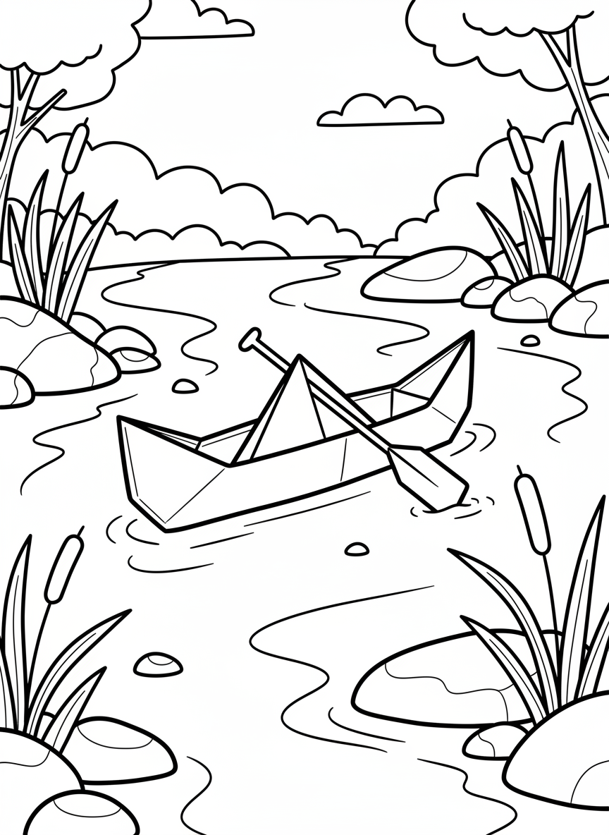 Simple origami canoe with paddle, shown floating on a calm river with cattails and rocks along the shoreline, easy design for young children.