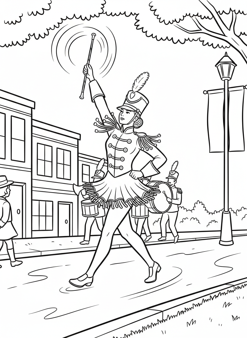 A majorette twirling a baton with one hand while marching, wearing a uniform with tassels and fringe.