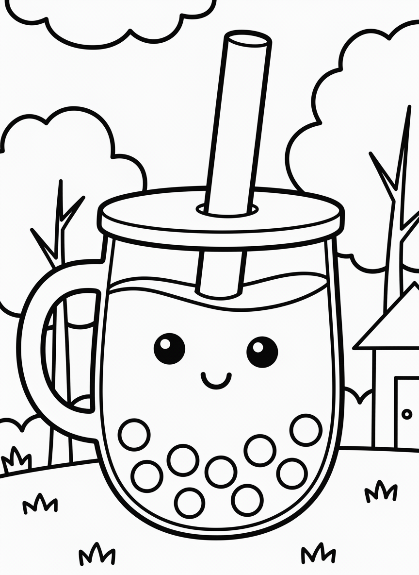 A cute bubble tea cup with a smiling face, filled with boba pearls at the bottom and a wide straw, simple line art for young children