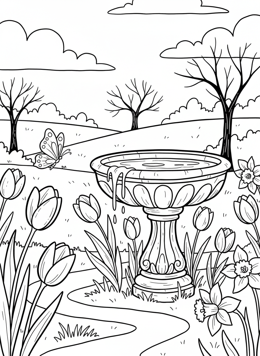 A peaceful garden scene at dawn with a stone birdbath, blooming tulips, daffodils, and a butterfly, capturing the quiet beauty of Easter morning.