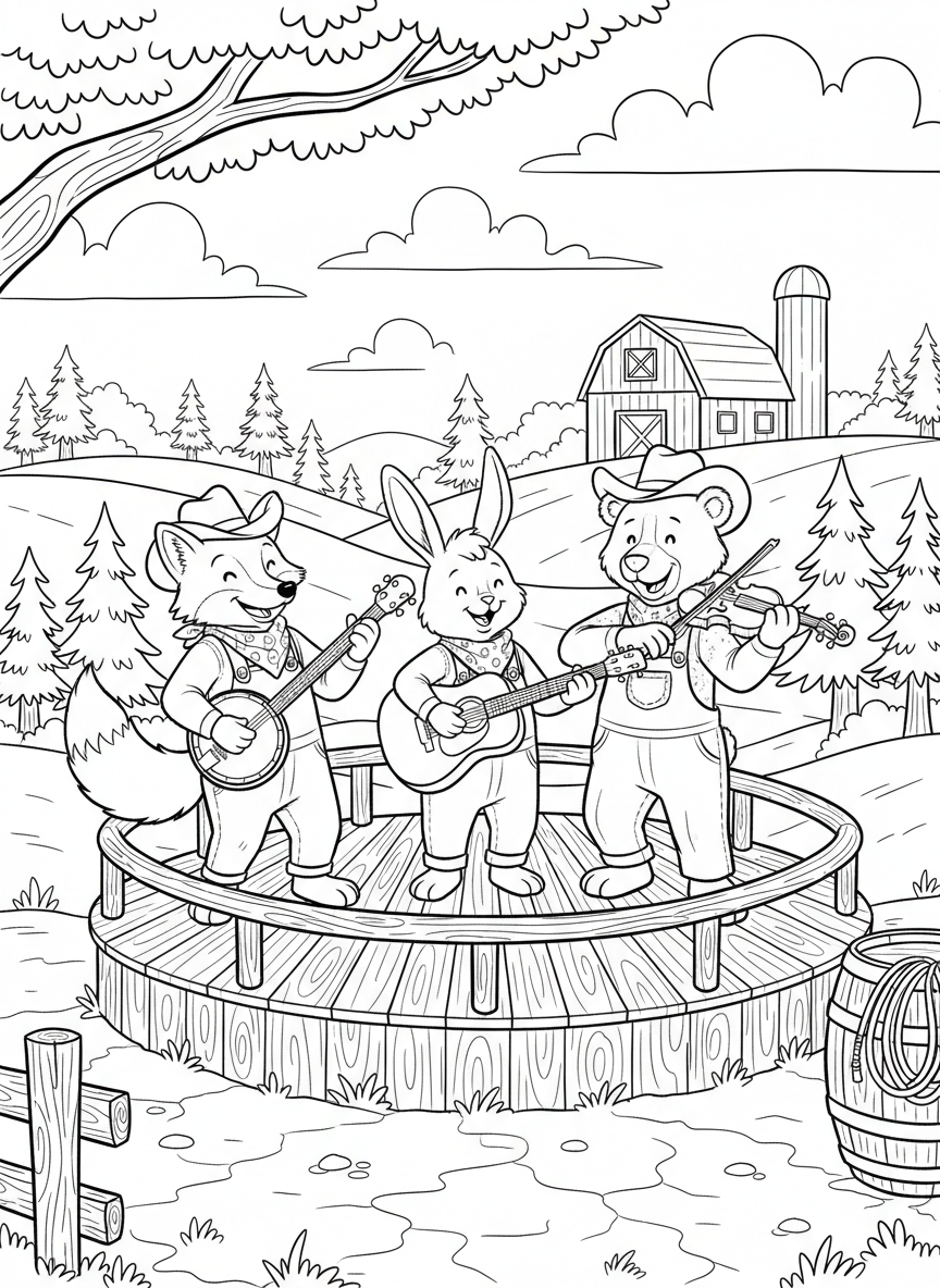 A country music band of cute animal characters playing guitar, banjo, and fiddle on a small stage.
