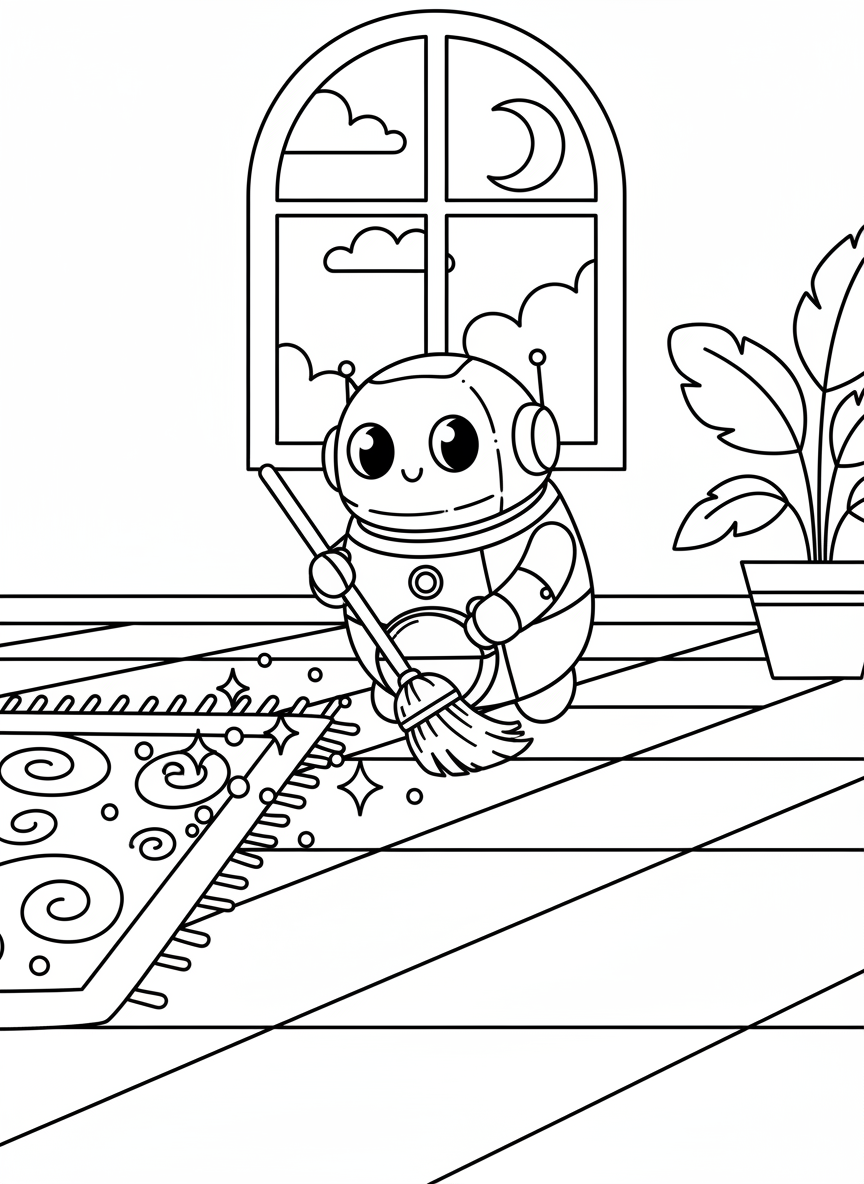 A tiny robot sweeping the floor with a broom, leaving sparkles behind, with a dustpan attachment and happy beeping expression.