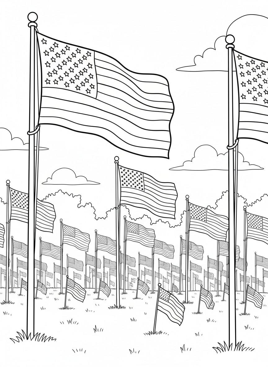 Multiple American flags of different sizes planted in the ground creating a memorial field display