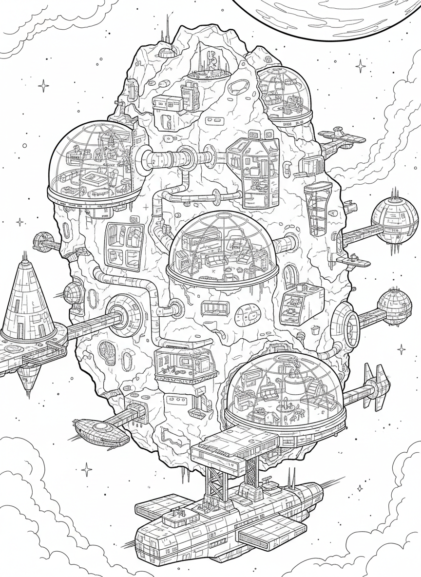 A space colony on an asteroid with tunnels, domes, and spacecraft docked at various ports, stars filling the background