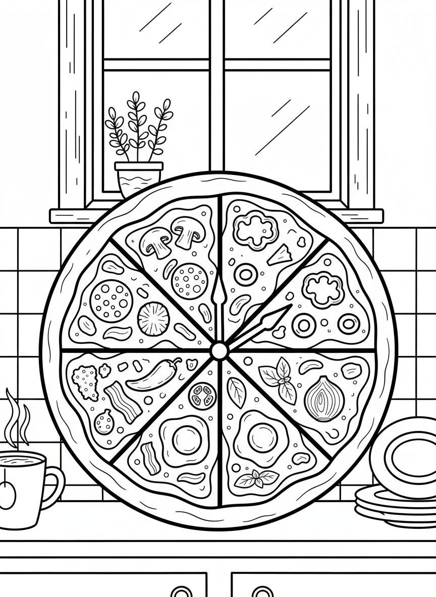 A pizza-shaped clock with different toppings marking each hour, creative and educational design for coloring