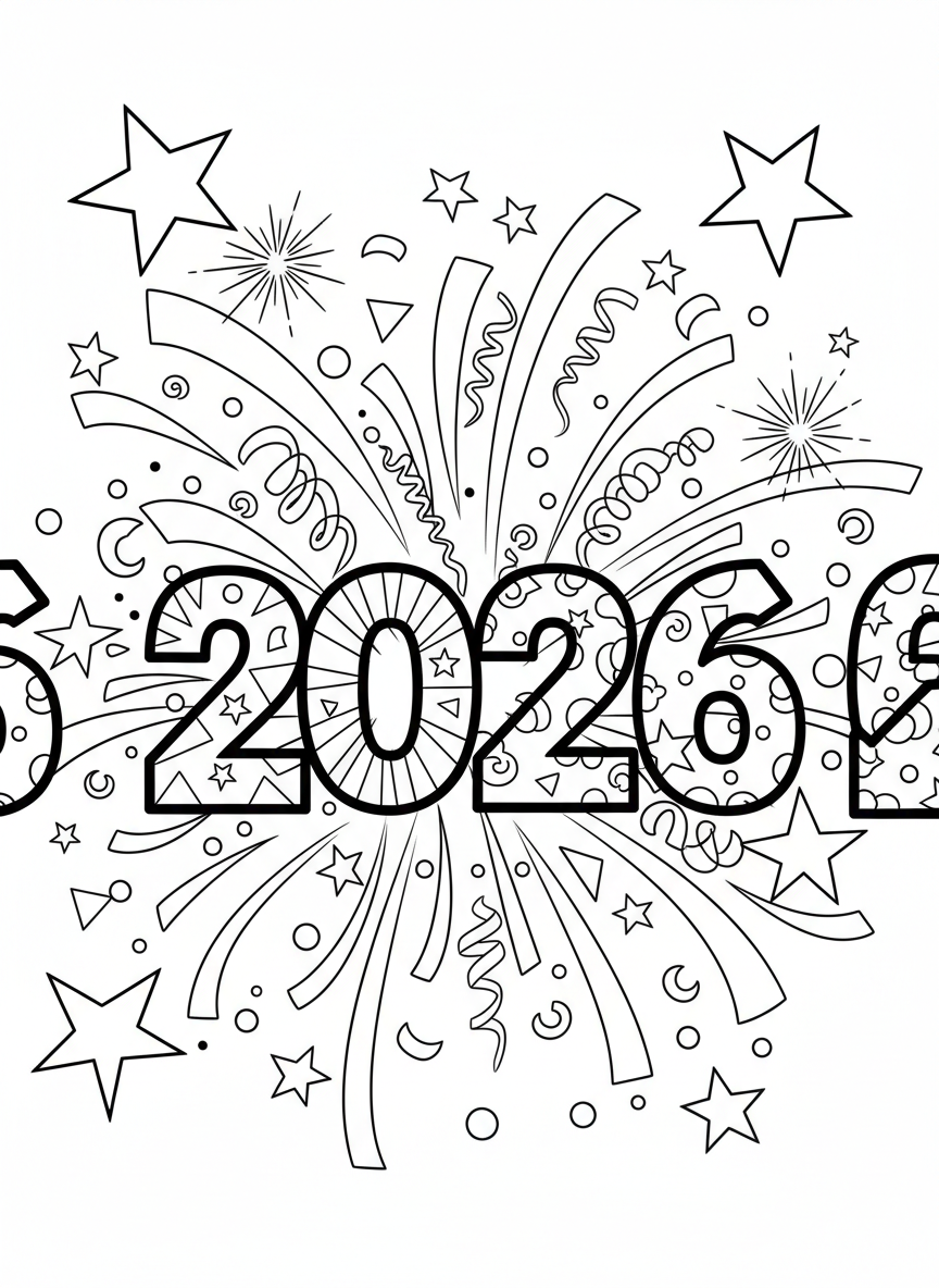 Large bold numbers '2026' decorated with stars, swirls, and confetti bursting all around, simple line art perfect for coloring.