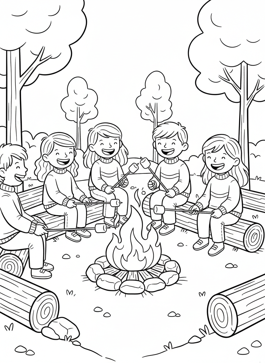 A group of happy children sitting around a campfire roasting marshmallows on sticks, with logs arranged in a circle and flames in the center.