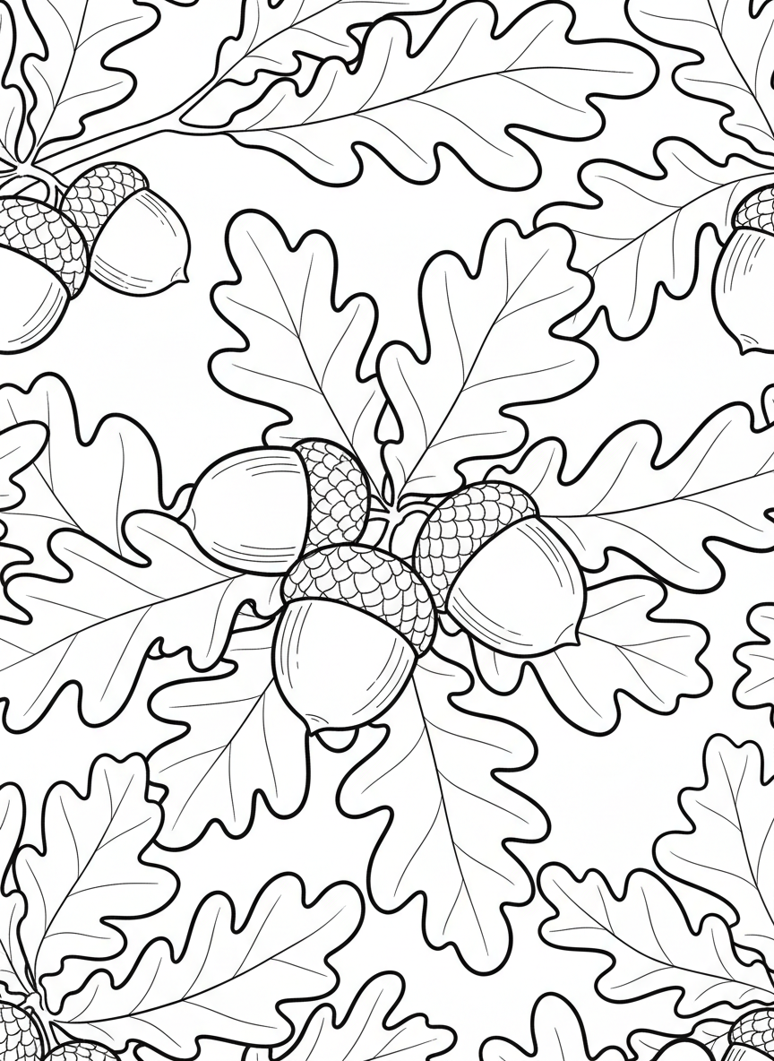 Multiple acorns with detailed caps scattered among oak leaves, simple repeating pattern for easy coloring.