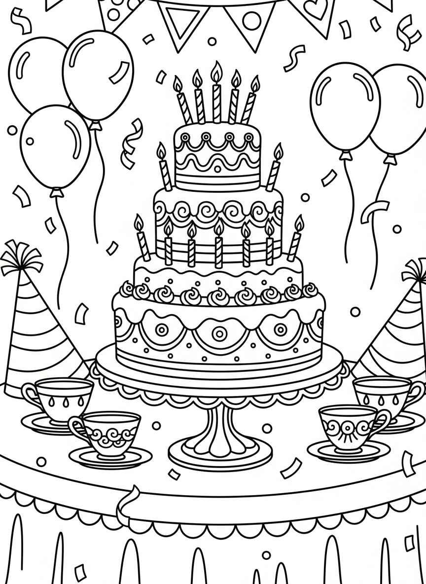 Elaborate birthday cake with candles on a cake stand, surrounded by party decorations and teacups, celebration scene