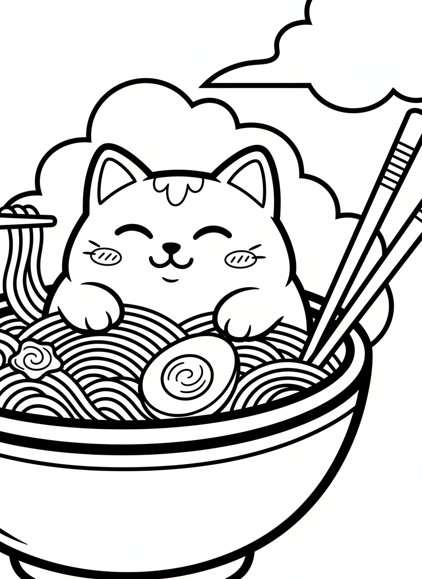 A chubby kawaii cat with closed happy eyes sitting in a large ramen bowl, surrounded by noodles and a soft-boiled egg
