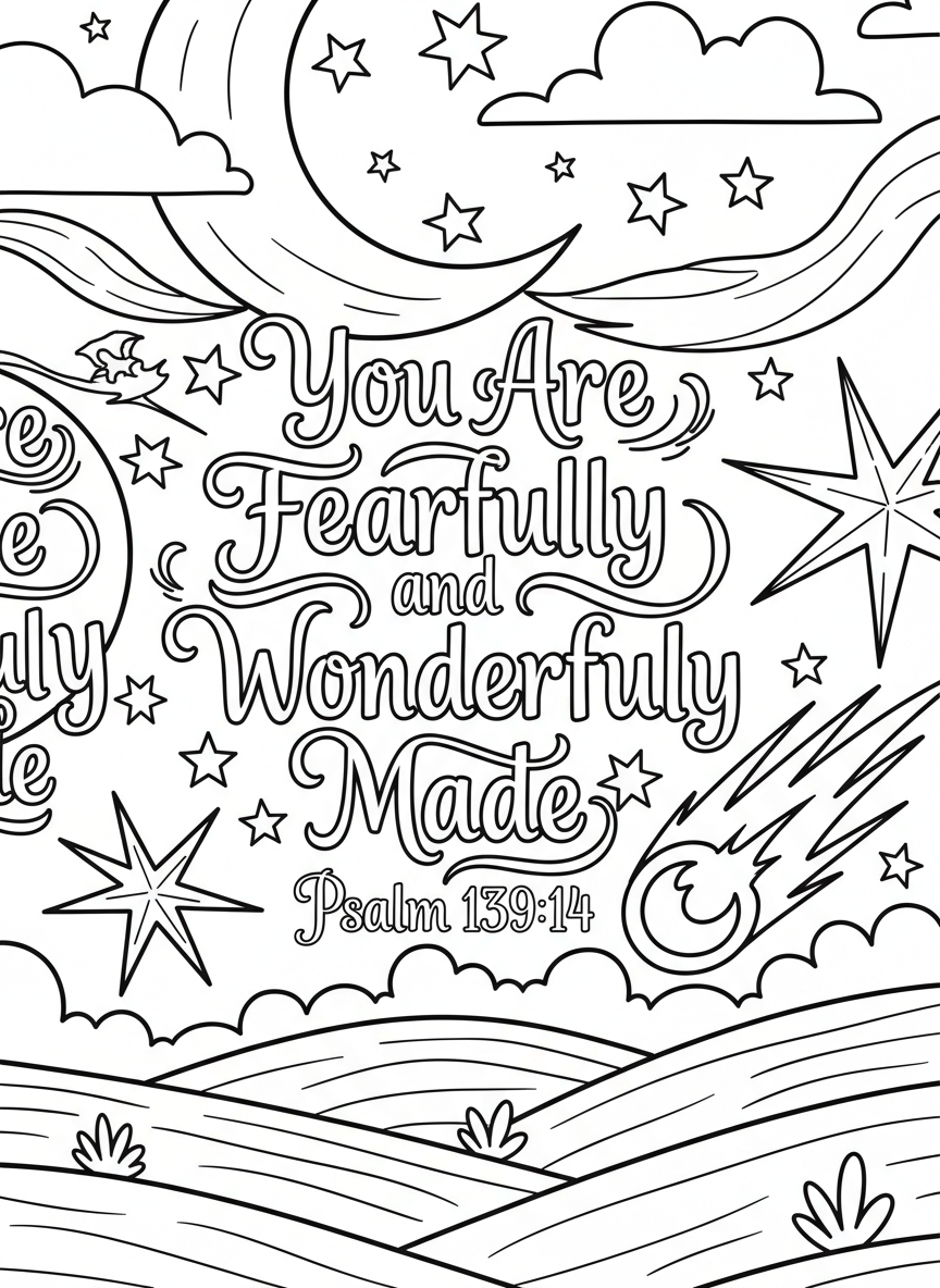 Stars and moon in a night sky scene with the verse 'You Are Fearfully and Wonderfully Made Psalm 139:14' written among the celestial elements
