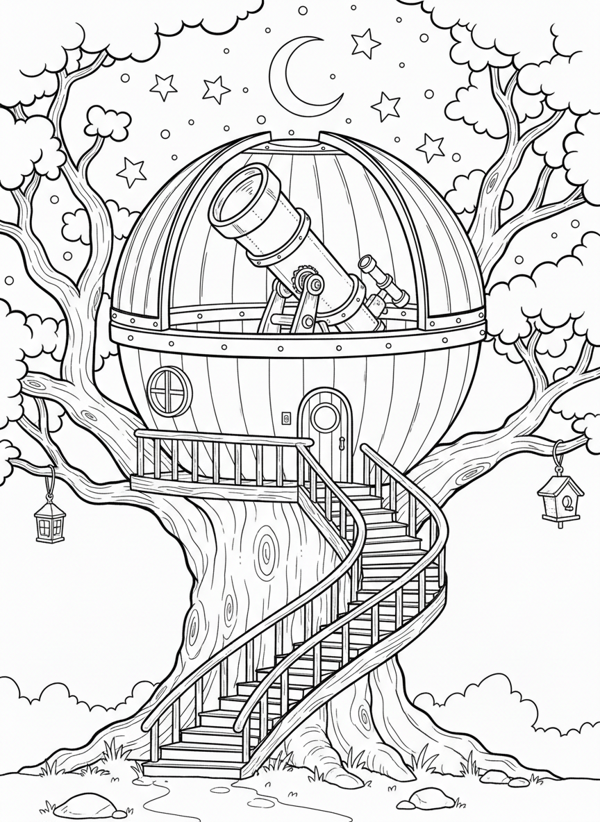 A round treehouse observatory with a domed roof that opens up, revealing a telescope inside and stars overhead.