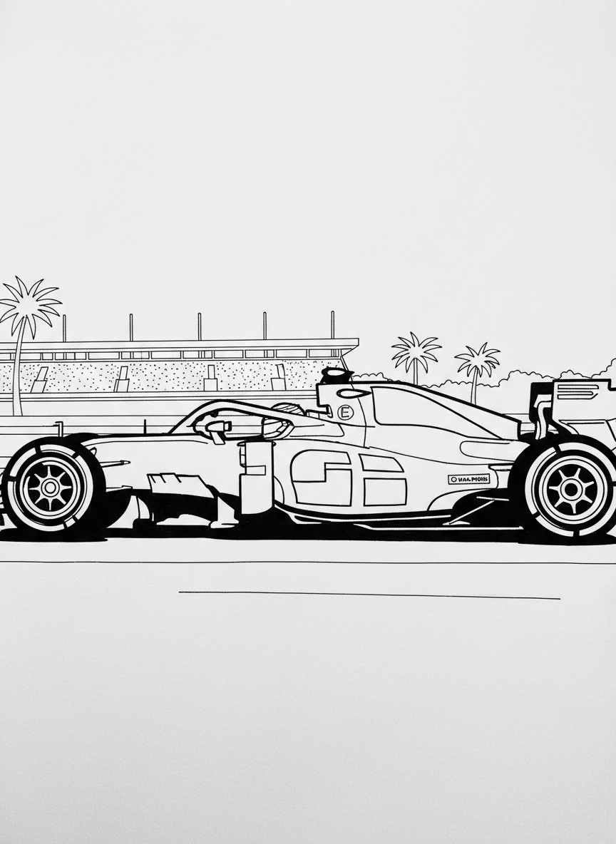 A detailed side view of a Formula One car showing sponsor decals, air intakes, exhaust, and rear wing components.