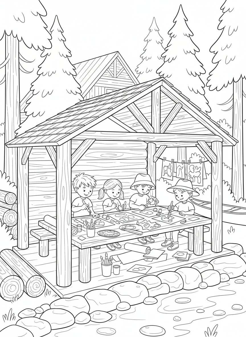 Summer Camp coloring page prompts capturing outdoor fun, friendships, cabins, and memorable childhood adventures.	A craft table scene with kids painting, cutting, and creating together inside an open-air shelter.