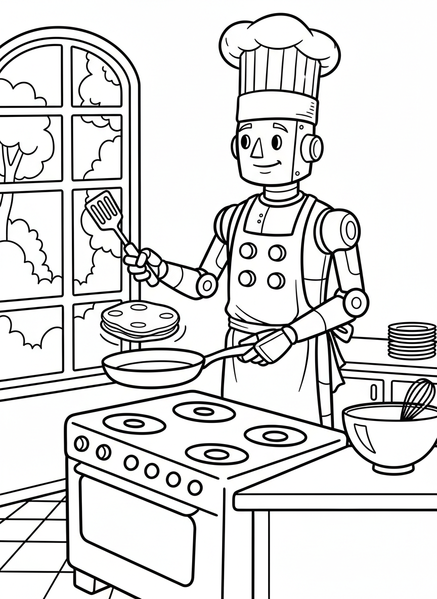 A tall friendly robot chef flipping pancakes in a kitchen, wearing a chef's hat and apron, with control panel buttons on its chest.