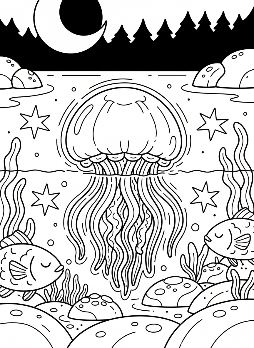 Night-time tide pool scene with a glowing jellyfish illuminating the water, stars reflected on the surface, and sleeping fish resting on rocks below.