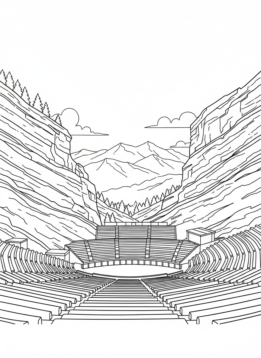 The iconic Red Rocks Amphitheatre with large rock formations on either side and rows of seats, mountain landscape in the background, detailed line art.